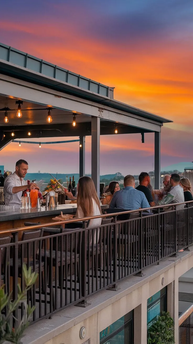 Indulge in the vibrant hues of the sunset at this scenic rooftop bar.  Watch expert mixologists craft cocktails at the balcony bar, while enjoying the breathtaking city views from our outdoor bar, terrace bar, and lounge bar. This alfresco bar, open-air bar, and sky bar offers the perfect blend of sophisticated ambiance and stunning panoramas.  It's a cocktail bar, wine bar, and bar with a view, all rolled into one unforgettable experience.  Enjoy the bar with outdoor seating on our bar terrace.