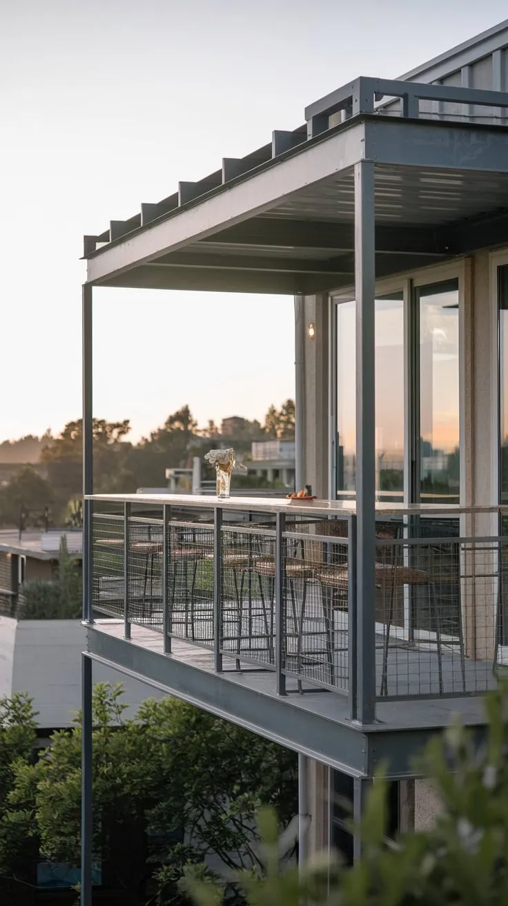Soft light bathes your high-rise balcony bar, the metal railing framing a breathtaking cityscape of buildings and trees