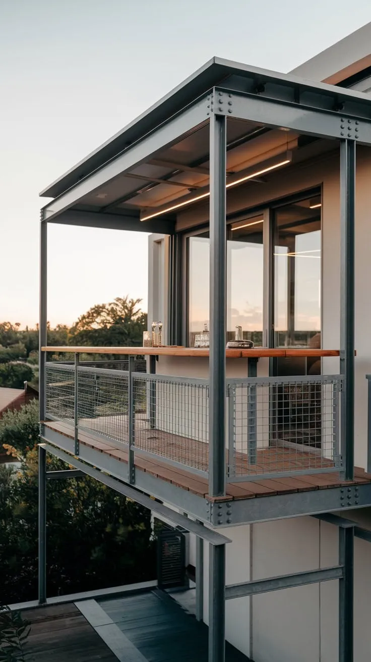 High above, your sleek balcony bar beckons, its wooden floor and metal railing enclosing breathtaking panoramas under a gentle glow