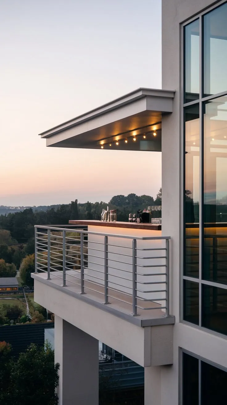 Soft lighting illuminates your balcony bar, high above a scenic landscape visible through the minimalist home's large windows