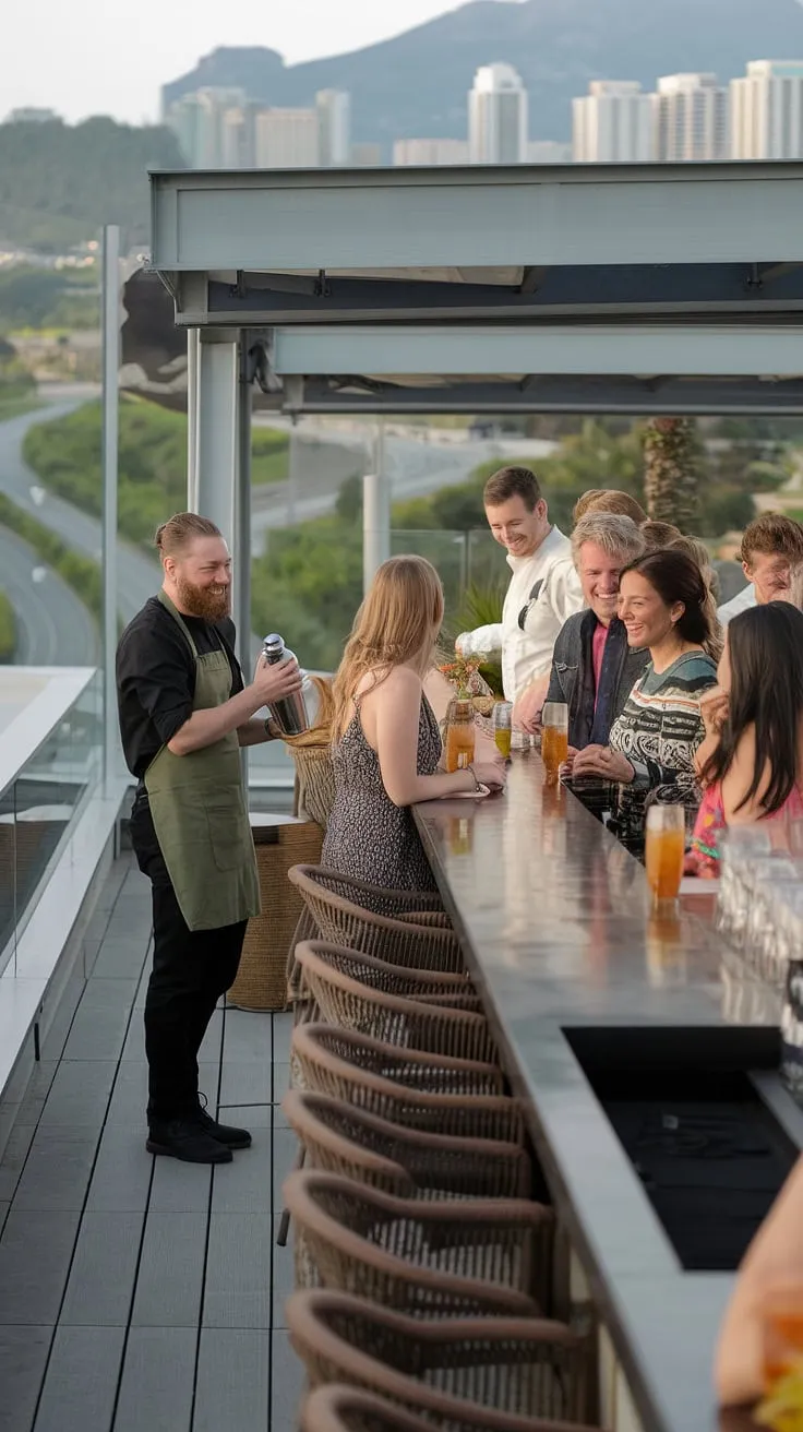 Unwind at this scenic bar, a rooftop haven where city lights meet handcrafted cocktails.  Enjoy the vibrant atmosphere of our balcony bar, a perfect blend of lounge bar and alfresco bar experience, offering stunning views from our bar terrace and outdoor seating. This open-air bar, patio bar, or sky bar, whatever you call it, is the ultimate cocktail bar and wine bar with a view.