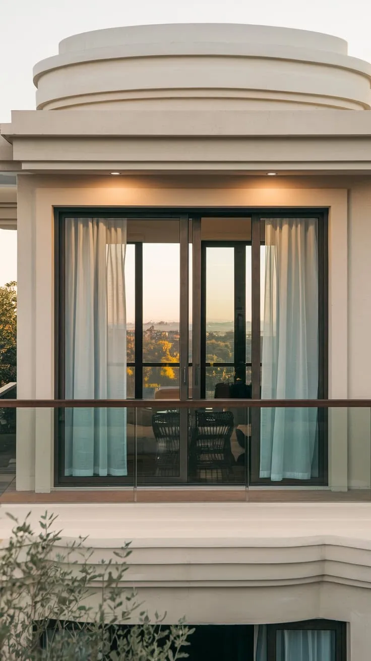 High above, you see your home, bathed in soft light, its balcony curtains partially concealing a stunning panorama
