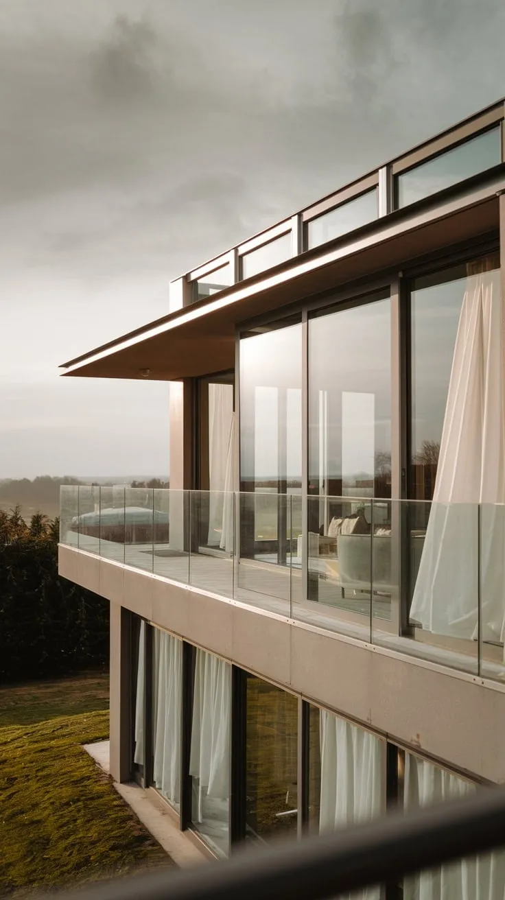 From your high-level balcony, you gaze through white-curtained glass doors at a sprawling green lawn beneath a soft, grey sky, the sleek design of your home a perfect complement to the tranquil view