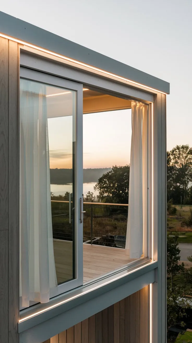 Soft light illuminates your wood-paneled balcony, white curtains swaying gently as you take in the serene view of trees and water below