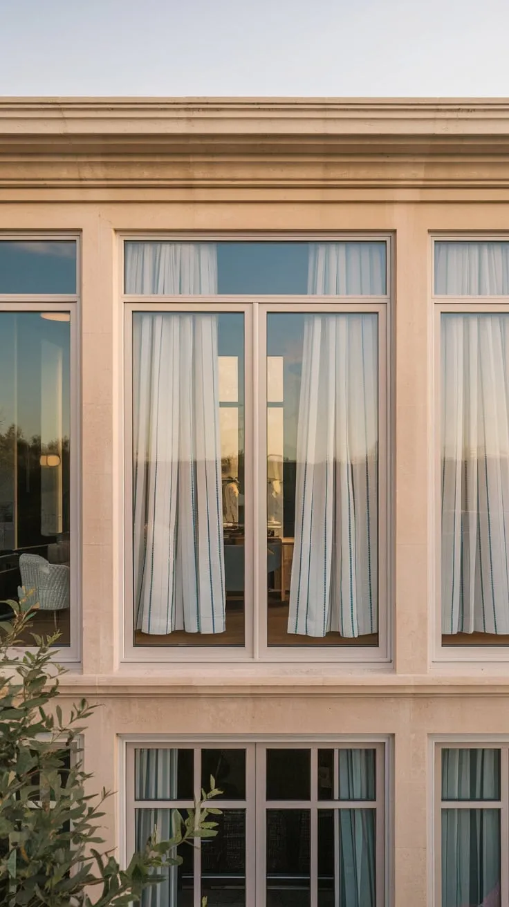 Soft light illuminates a beige house with large windows and elegant white striped curtains gracing its balcony door, a lovely scene viewed from a high vantage point