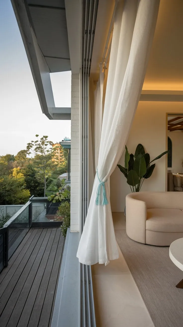 Step into a serene modern retreat where soft lighting dances through white curtains, inviting you to unwind on the beige sofa with a view of nature's embrace
