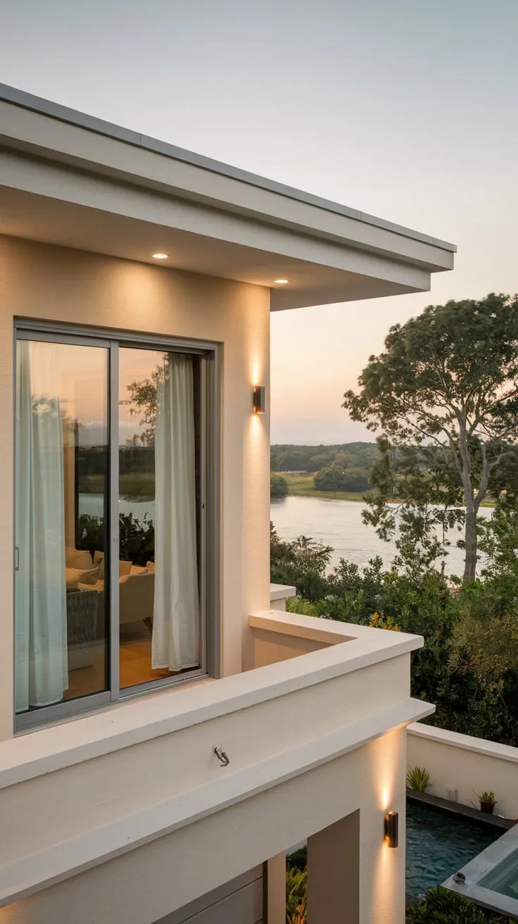 From your balcony, soft interior lighting complements the serene view of water and trees beyond