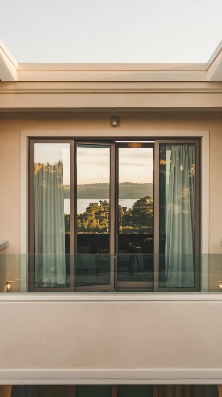 From your vantage point, a softly lit home overlooks a tranquil landscape of trees and water, its balcony door draped with curtains