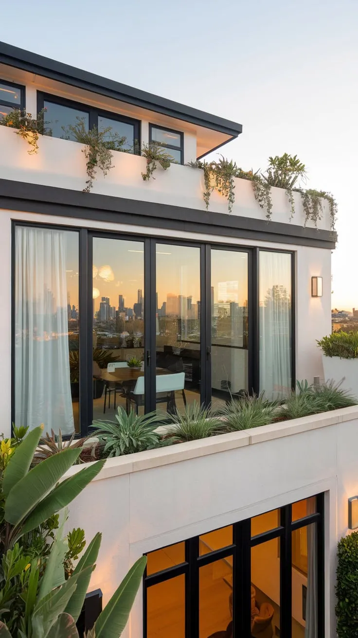 You gaze down upon a pristine white house with black accents, potted plants, and a glass-walled balcony showcasing a stunning city skyline at night
