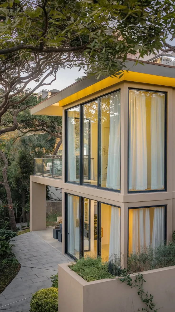 Nestled among trees, your home’s bright yellow glow and balcony, draped in white curtains, invite you inside, past potted plants and a glimpse of distant buildings