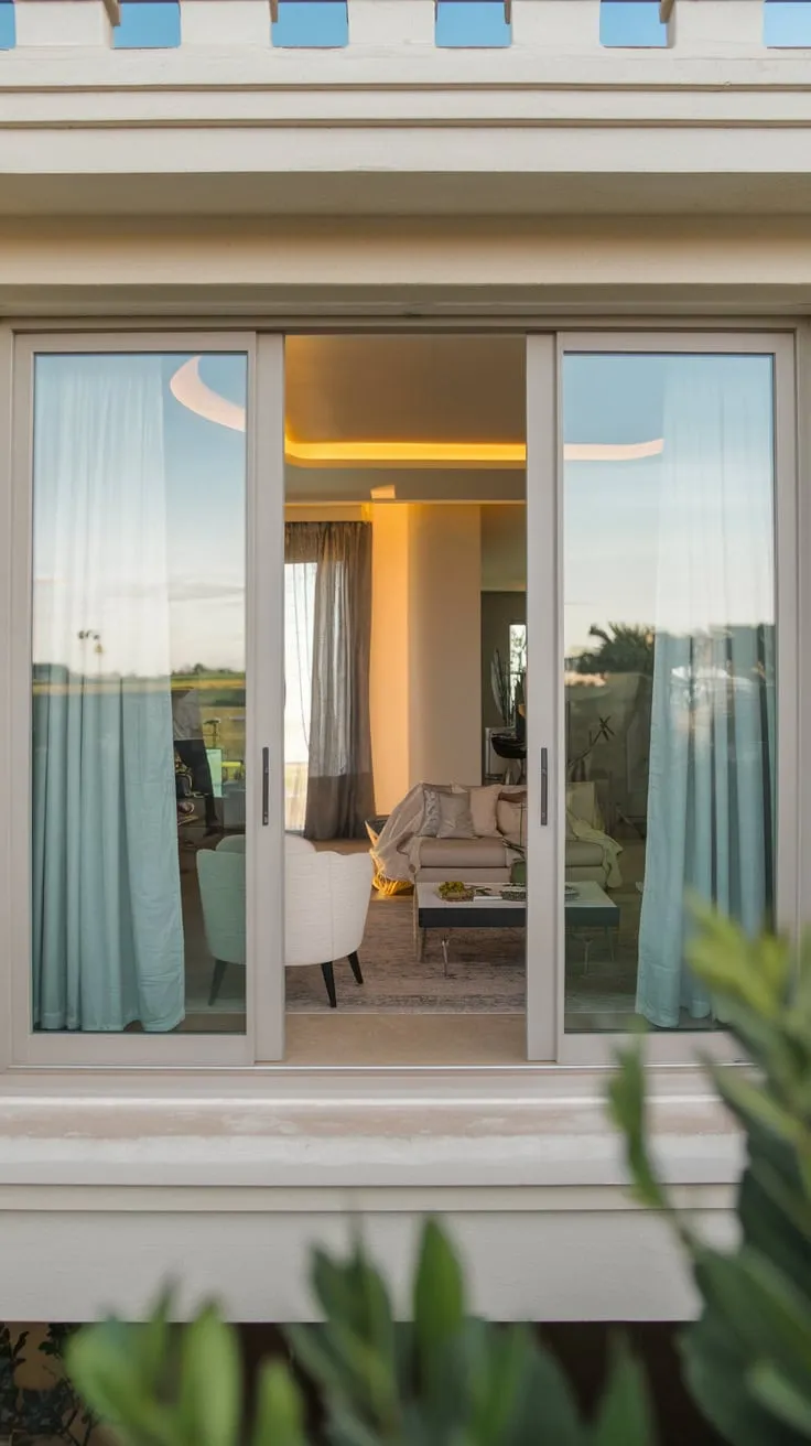 A high-angle shot reveals a home's inviting interior, subtly lit and simply furnished, framed by a balcony door with curtains, overlooking a beautiful landscape