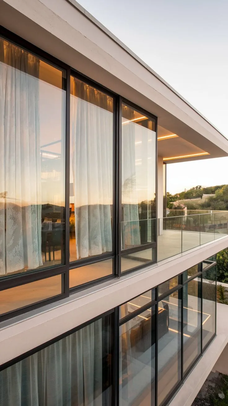 From above, the clean lines of the house are subtly illuminated, its large windows revealing a breathtaking landscape glimpsed through gently parted curtains
