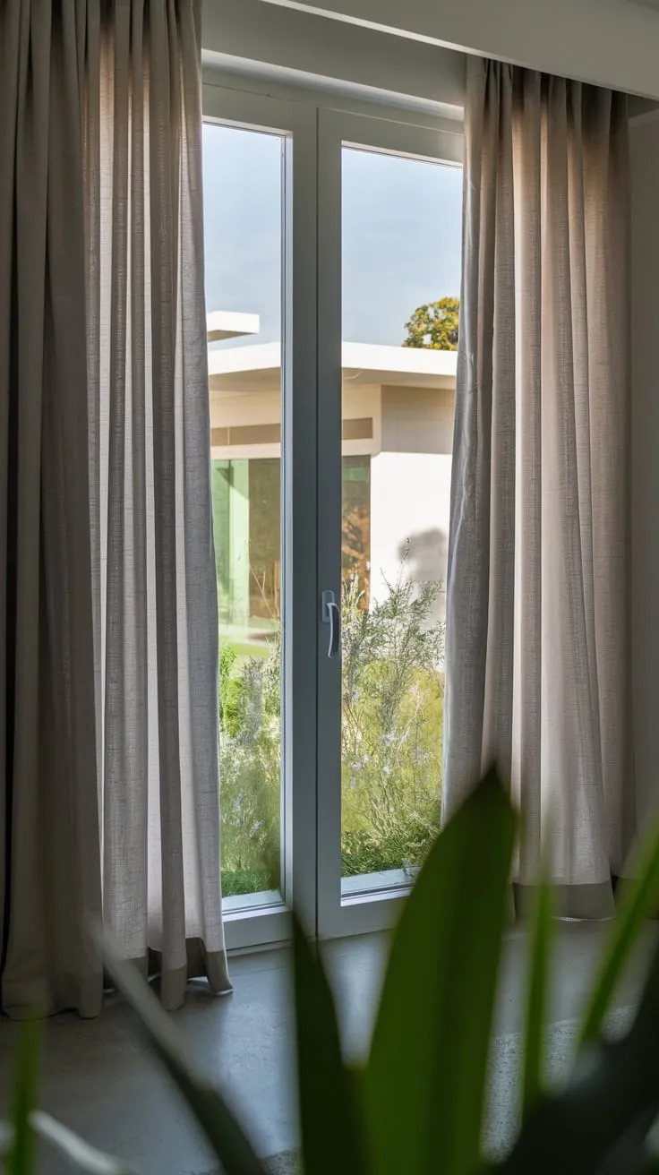 A high-angle view reveals a stylish home bathed in soft light, its balcony curtains partially drawn to showcase a vibrant, green landscape