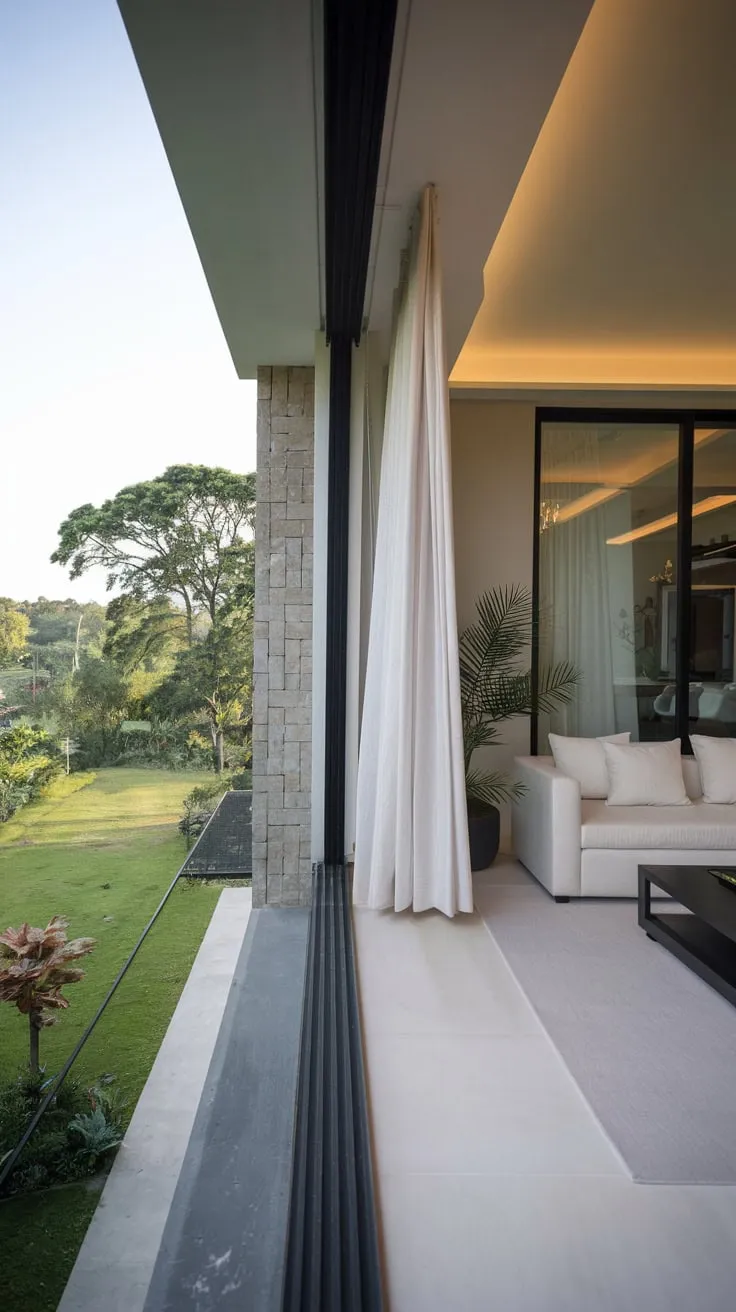 Step into a serene modern retreat where glass doors invite nature's beauty and soft light dances across your stylish living space