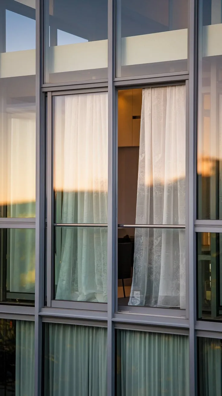 A high-angle view showcases a sleek glass and steel dwelling;  partially drawn curtains frame a tranquil exterior visible through the second-story balcony door