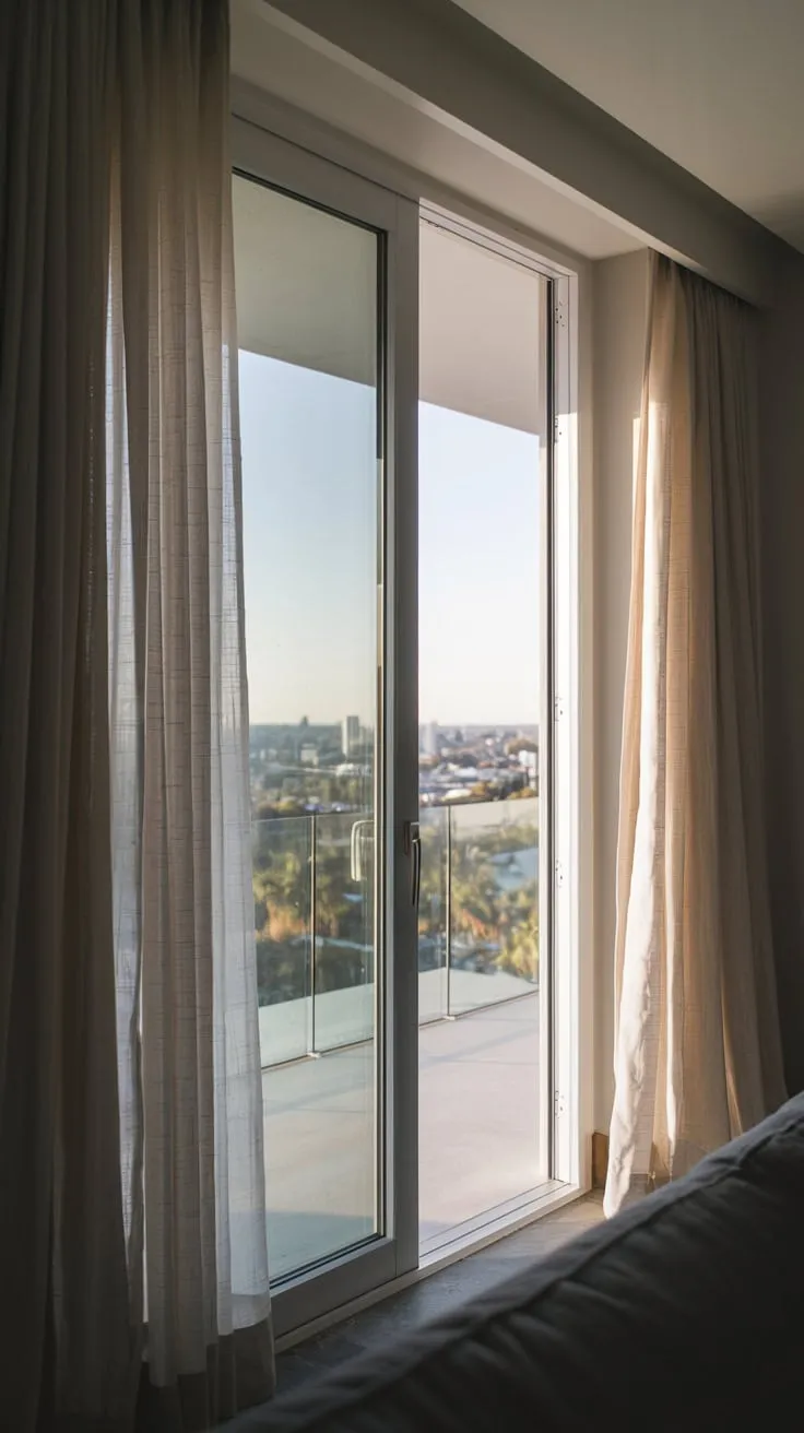 From above, soft light bathes your stylish home, its balcony curtains framing a breathtaking city vista