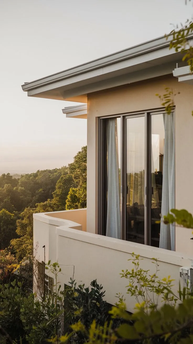 From your vantage point, soft light bathes a home nestled in lush greenery, its balcony curtains gently swaying in the breeze