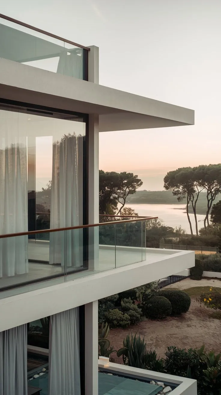 From your high vantage point, a pristine home overlooks a serene landscape, its clean lines and soft lighting creating a peaceful sanctuary