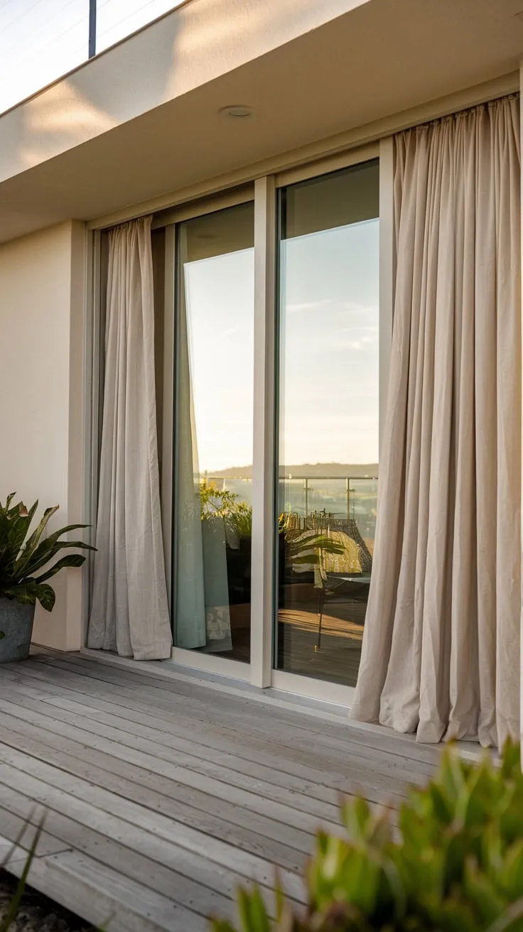 Soft light bathes your minimalist home's wooden deck, potted plants flanking the beige-curtained balcony door offering a stunning view