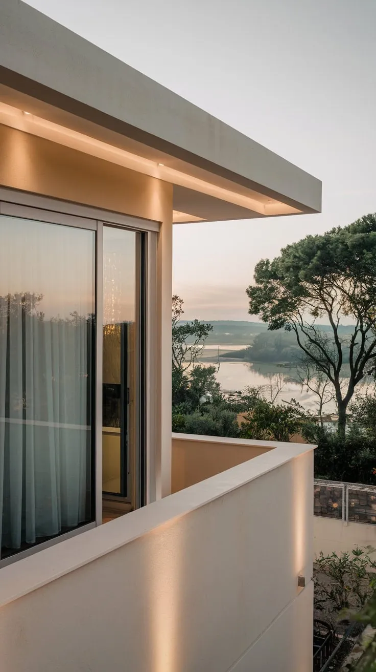 High above, you see a house bathed in gentle light, a balcony door partially obscured by curtains, overlooking a serene vista of water and woods