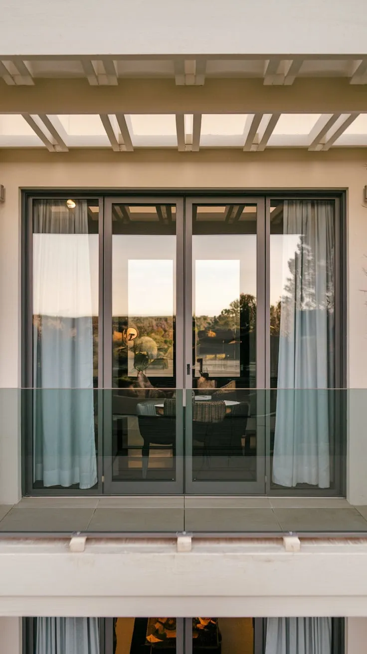 A high-angle shot reveals a beautiful home, its interior glow contrasting with the scenic panorama visible through the gently draped balcony door