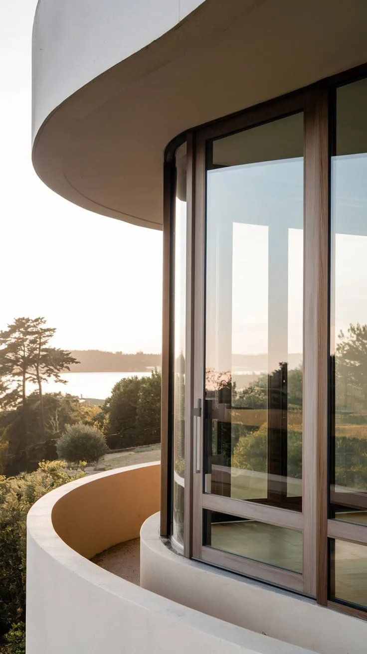 From above, you see a uniquely curved home's entrance, its wooden balcony door with expansive glass panels framing a tranquil water view
