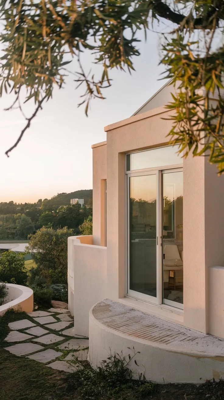 From above, you see a softly lit home nestled in greenery, a paved path leading to its inviting balcony door and a breathtaking view beyond