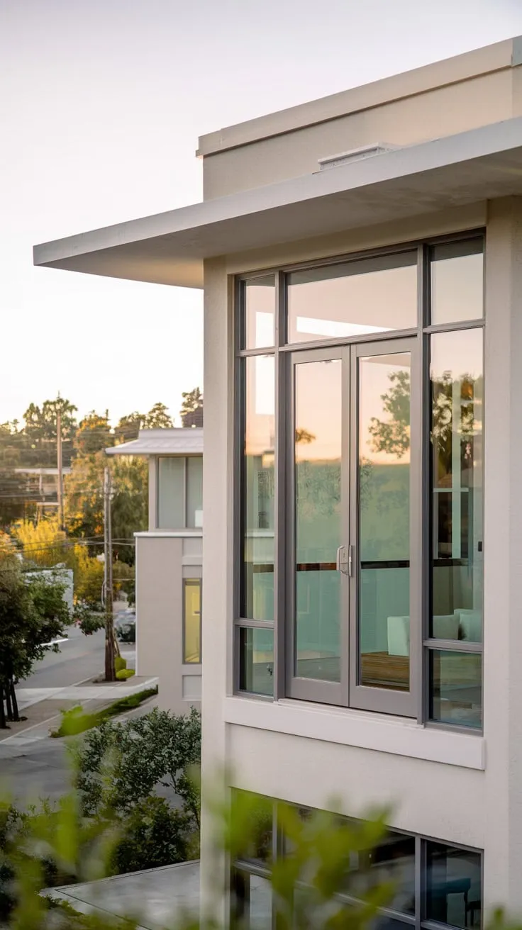 From your vantage point, a minimalist home's sleek lines and expansive windows frame a tranquil scene of trees and distant buildings, bathed in soft light