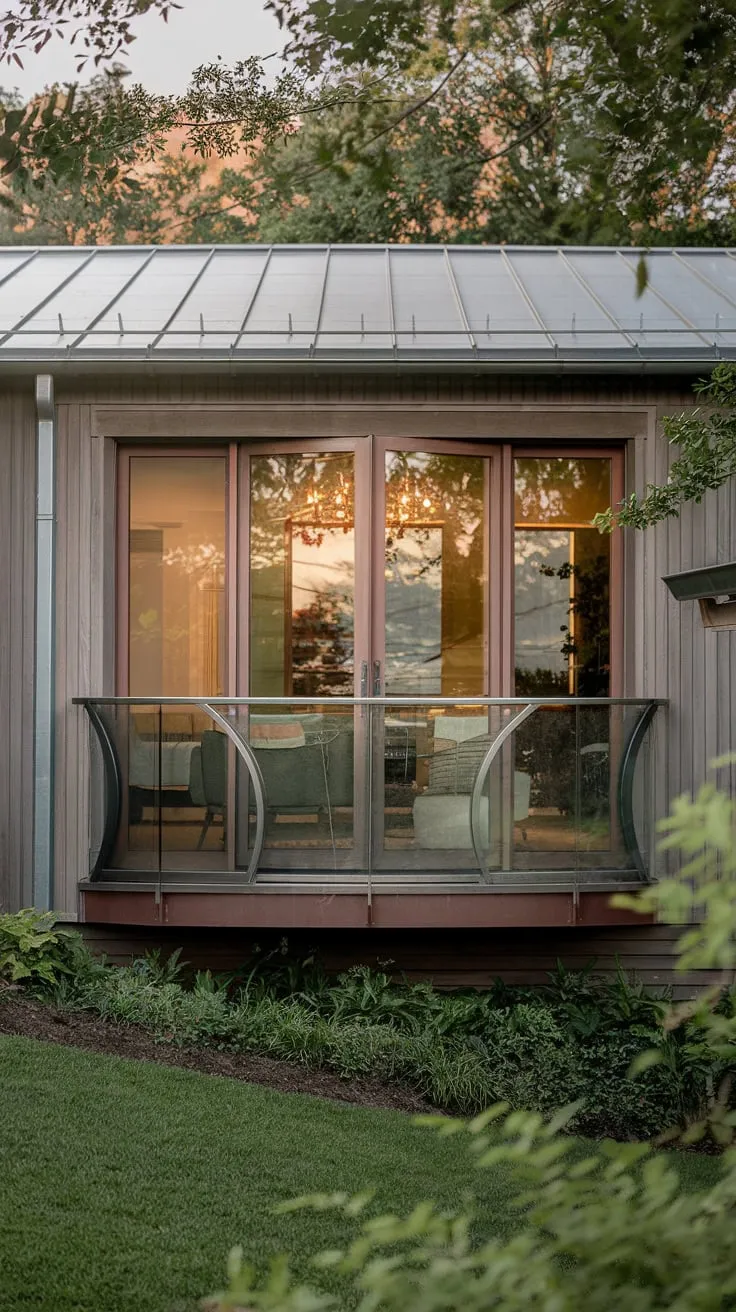 Bathed in soft light, you see a sleek home with a curved glass balcony door, its wooden facade and metal roof framed by vibrant greenery