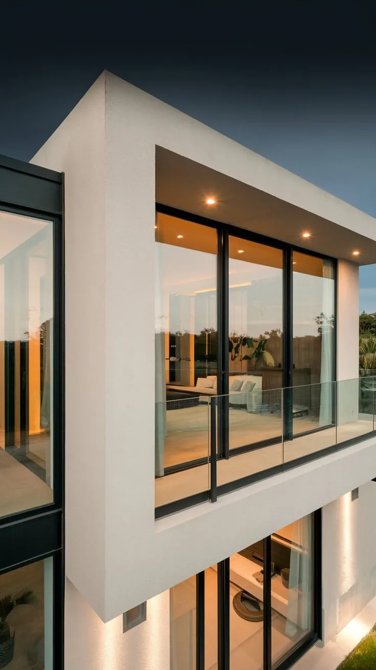 A night-time, high-angle view reveals a pristine white house with sleek black accents; its glass balcony door beckons you to the beautiful landscape beyond