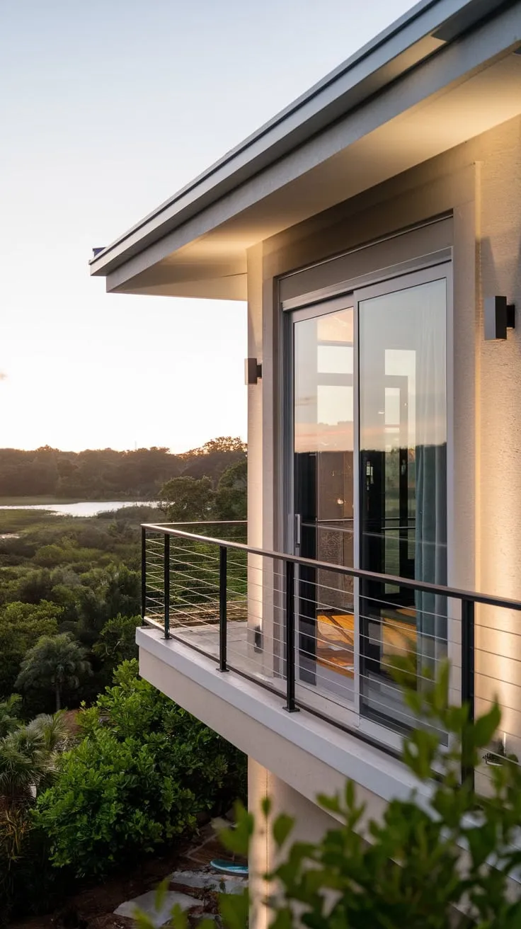 From above, you see a softly lit home perched overlooking lush greenery and water, its balcony door inviting you to take in the breathtaking view