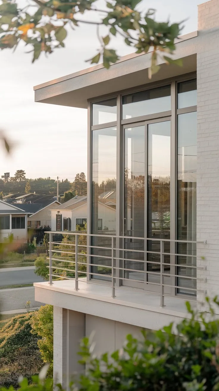 From your vantage point, a minimalist home with expansive glass doors opening onto a balcony showcases a tranquil suburban vista