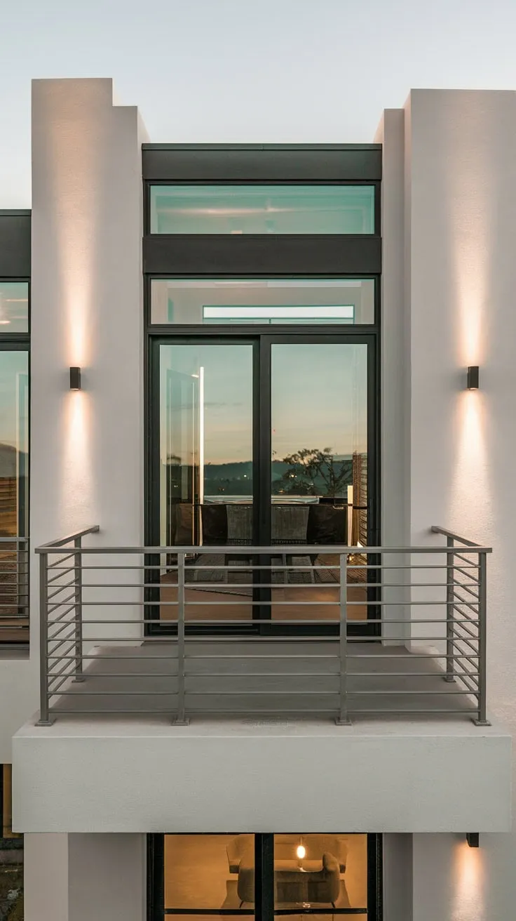 From above, you see a minimalist white and black home bathed in soft evening light, its glass-walled balcony door and metal railing framing a breathtaking view