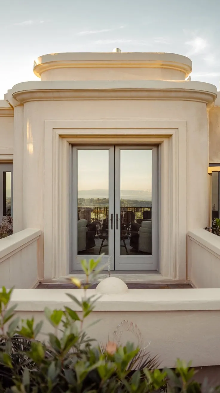 Soft light bathes your stylish home's balcony, revealing a breathtaking vista from its high vantage point