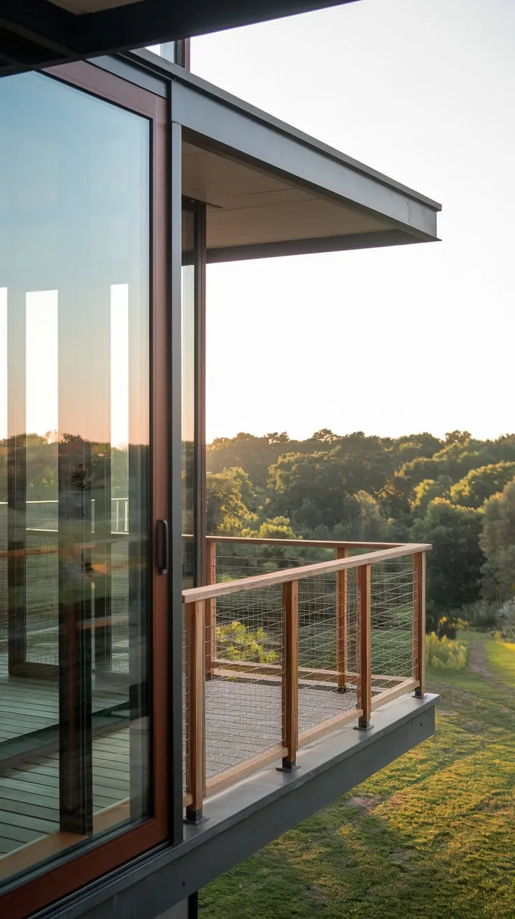 A tranquil scene unfolds before you: a sleek glass and wood house, its balcony door opening to a lush, green landscape bathed in gentle light, all viewed from a high vantage point