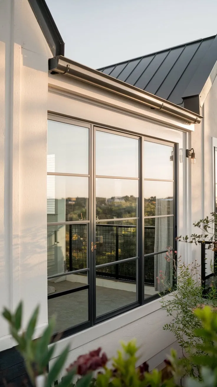 A high-angle shot reveals a sleek white house, black roof contrasting sharply, a glass and metal balcony door opening to a tranquil view, gently lit, with greenery close by