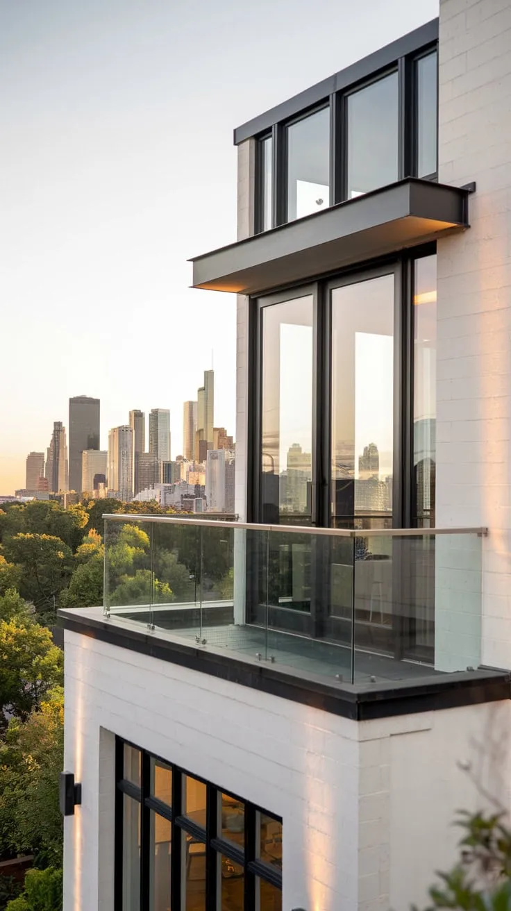 From your vantage point, a sleek white-and-black home with a glass balcony door frames a breathtaking city skyline bathed in soft light