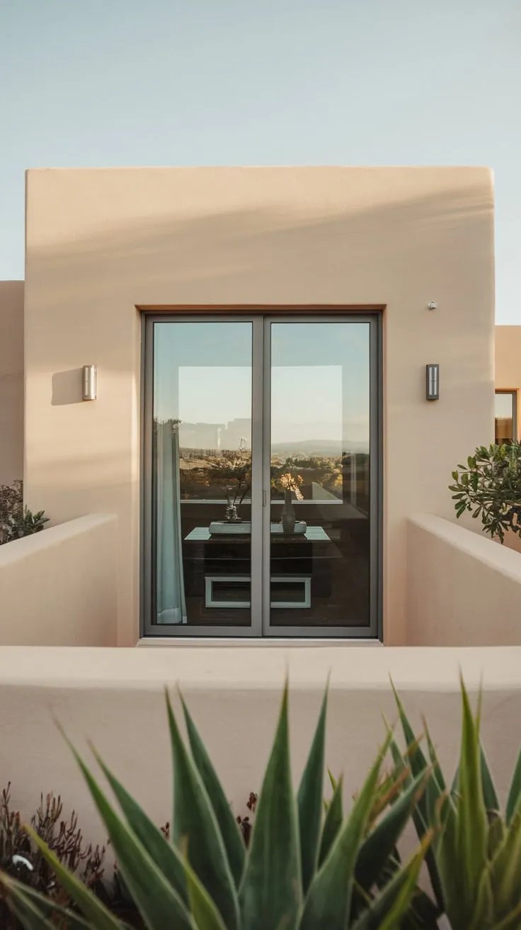 From above, soft light bathes the home's sleek exterior, showcasing a balcony door framing a captivating view