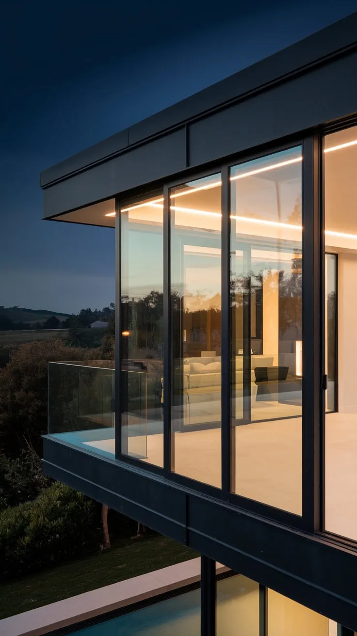Dark minimalist architecture frames a luminous interior, its large glass panels revealing a peaceful scene visible from your nighttime vantage point