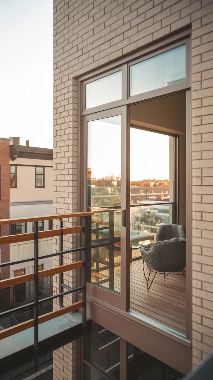 A comfortable chair and table beckon you to enjoy the soft light and breathtaking urban view from your glass-doored balcony, framed by a wooden railing