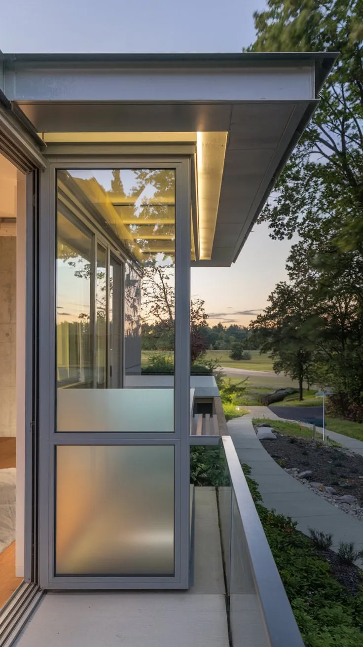 Soft light illuminates your sleek glass-and-concrete home, its frosted balcony door opening to a tranquil landscape