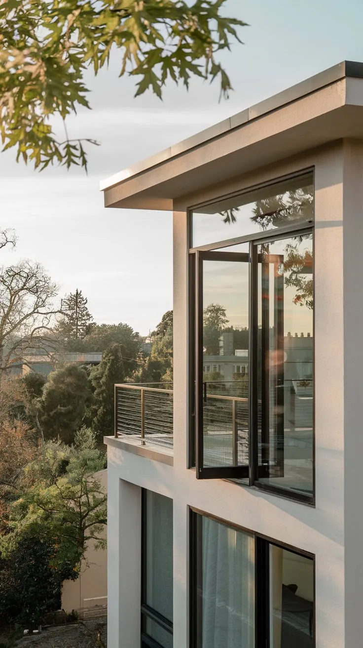From your vantage point, a sleek, minimalist home with expansive windows and a glass-balconied view of the tranquil cityscape unfolds beneath you