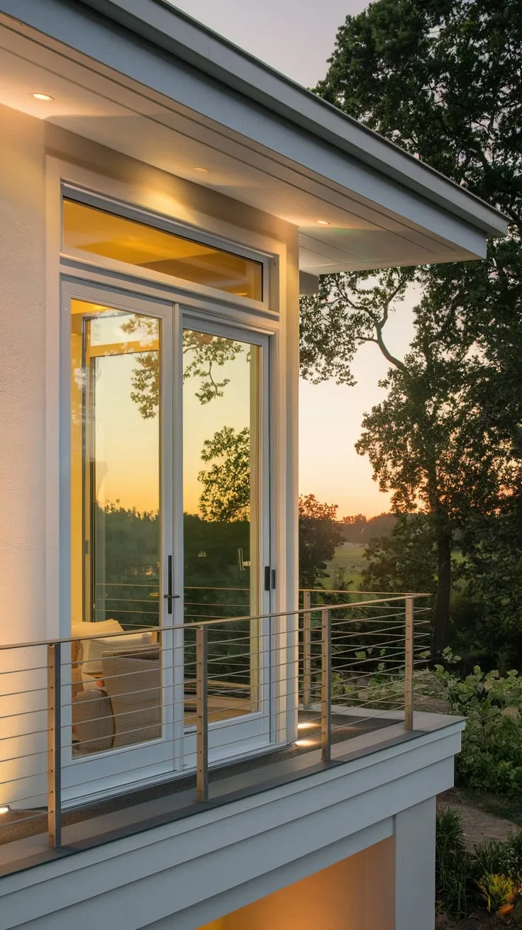 Warm light spills from your balcony door, showcasing a serene landscape spread out beneath your stylish home