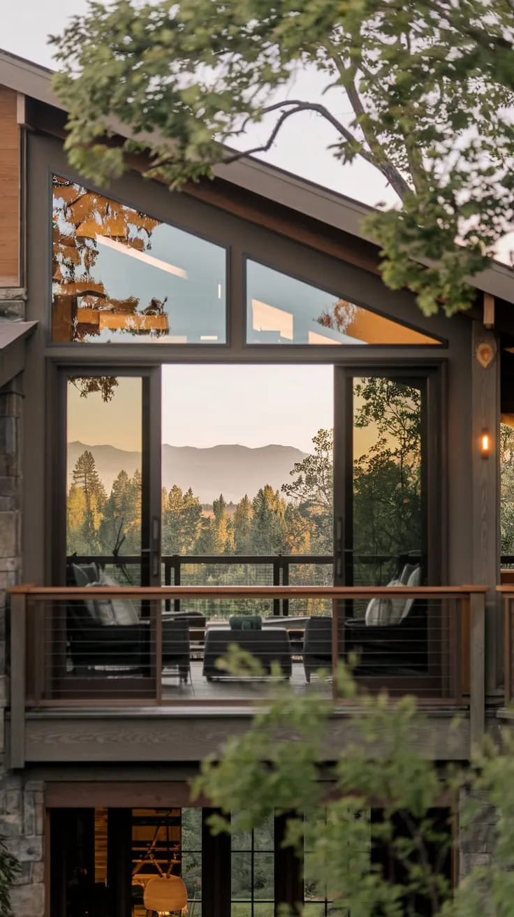 From your vantage point, a stunning wood and glass home overlooks a breathtaking mountain and treetop vista, its warmly lit balcony beckoning