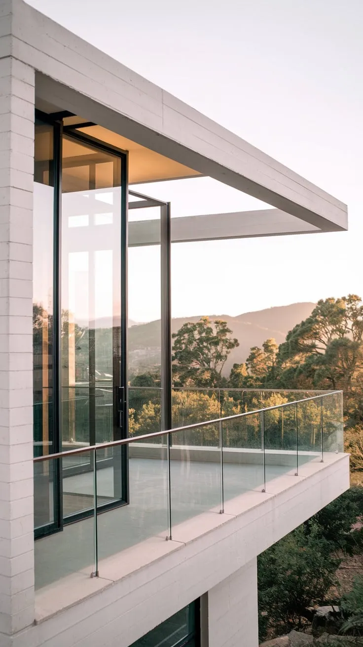 From your vantage point, a sun-drenched white concrete and glass home opens onto a balcony framing breathtaking mountain and treetop views
