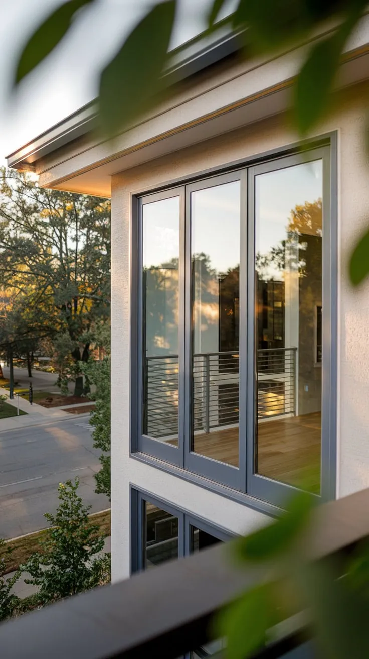 From above, you see your home bathed in soft light, its expansive balcony door opening to a tree-lined street