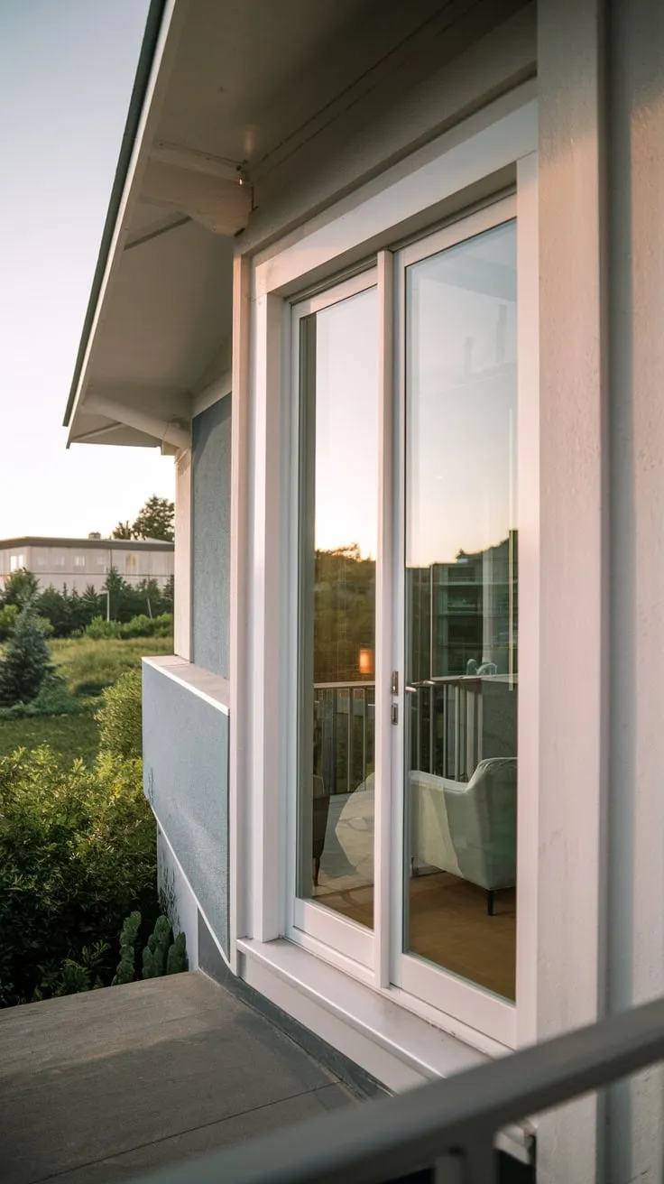 Soft light bathes your sleek white and grey home, a pathway leading to the balcony door that frames a tranquil view of greenery and distant buildings