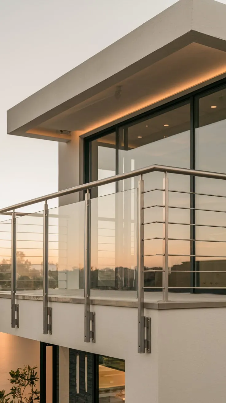 A high metal railing overlooks a breathtaking panorama from your sleek, minimalist home, bathed in gentle light