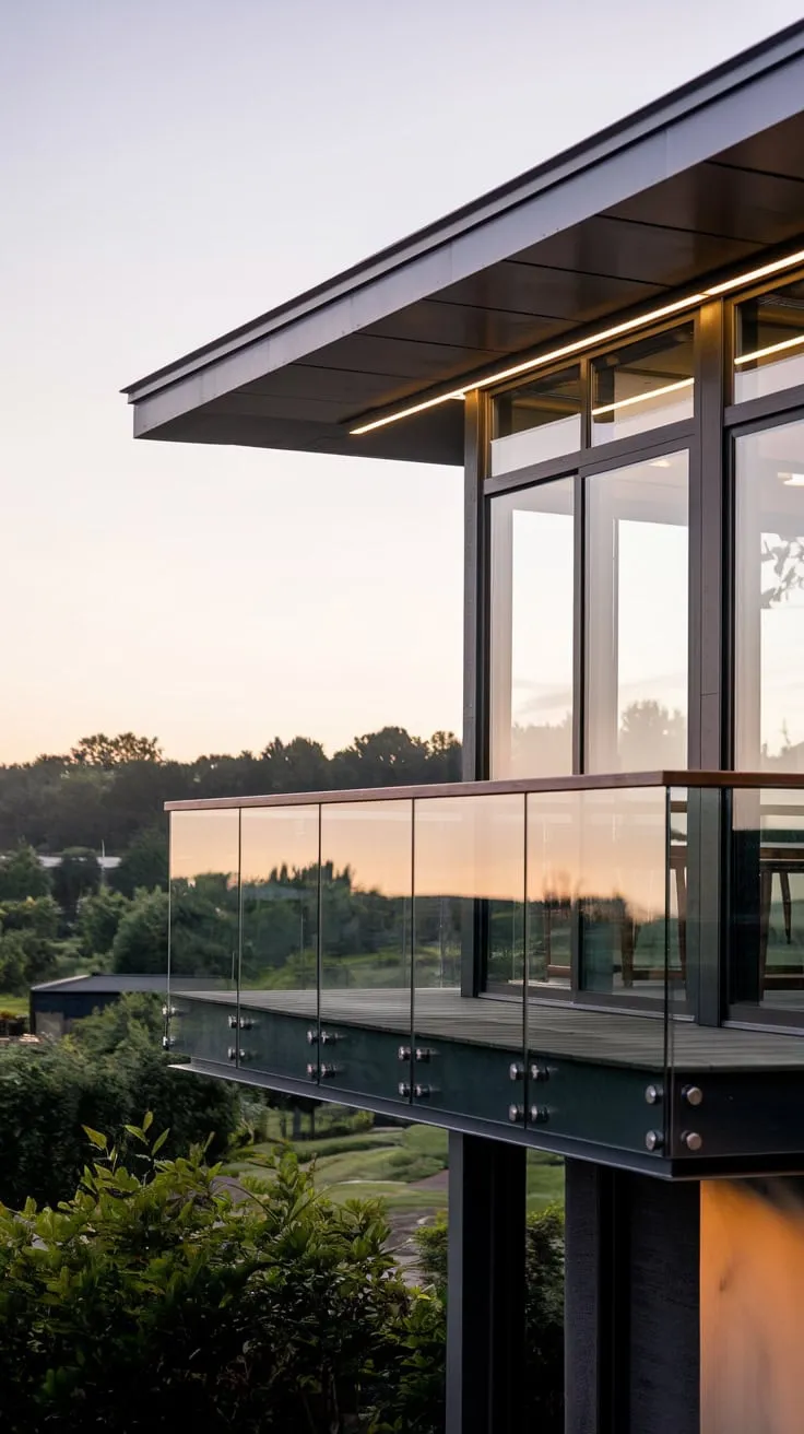 From your vantage point on the high balcony, the home's stylish design and serene surroundings blend seamlessly under the night sky
