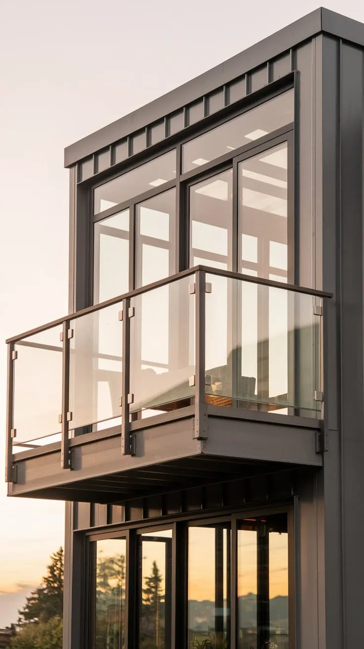 From your high-rise metal balcony, with glass railings, soft light bathes the sleek home and the captivating view below